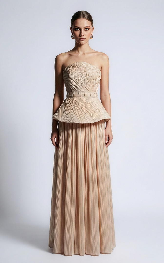 MNM Couture B1186 Woven Peplum Strapless Pleated Long Gown