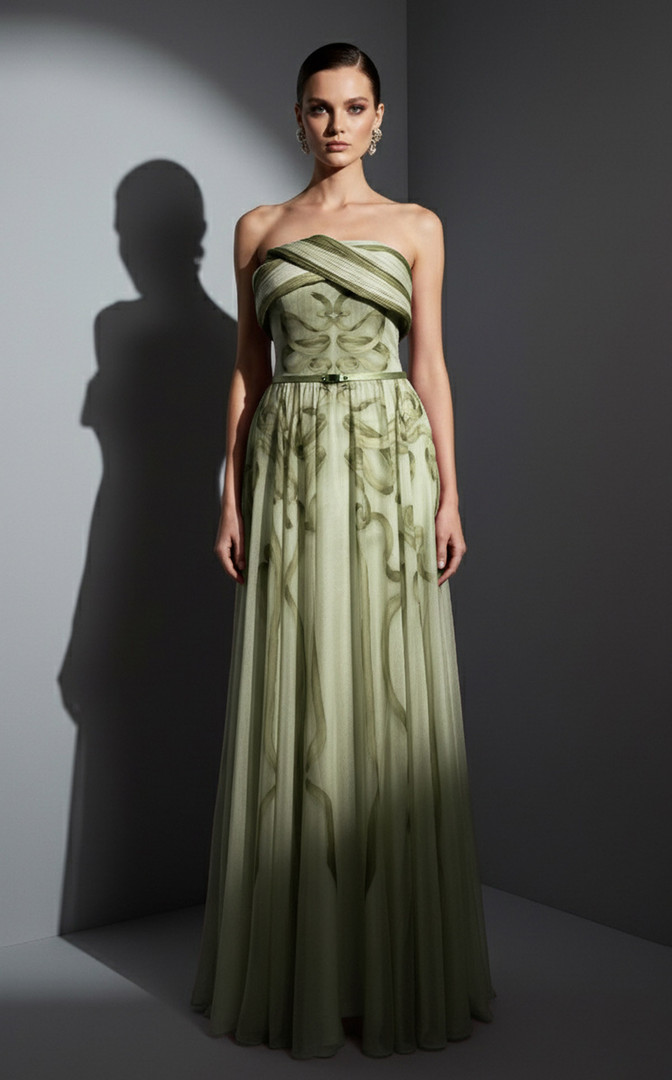MNM Couture E0129 Chiffon Printed Silk Strapless A-Line Gown