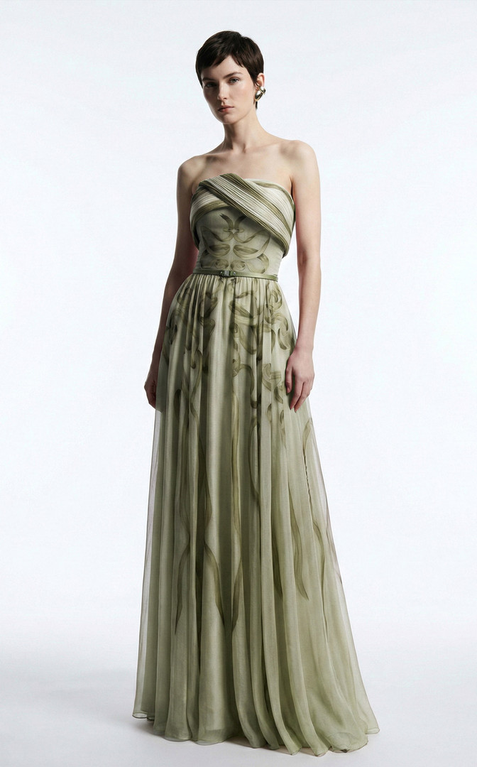 MNM Couture E0129 Chiffon Printed Silk Strapless A-Line Gown