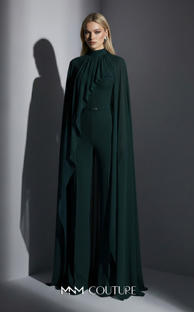 MNM Couture E0143 Chiffon High-neck Cape Sleeves Jumpsuit