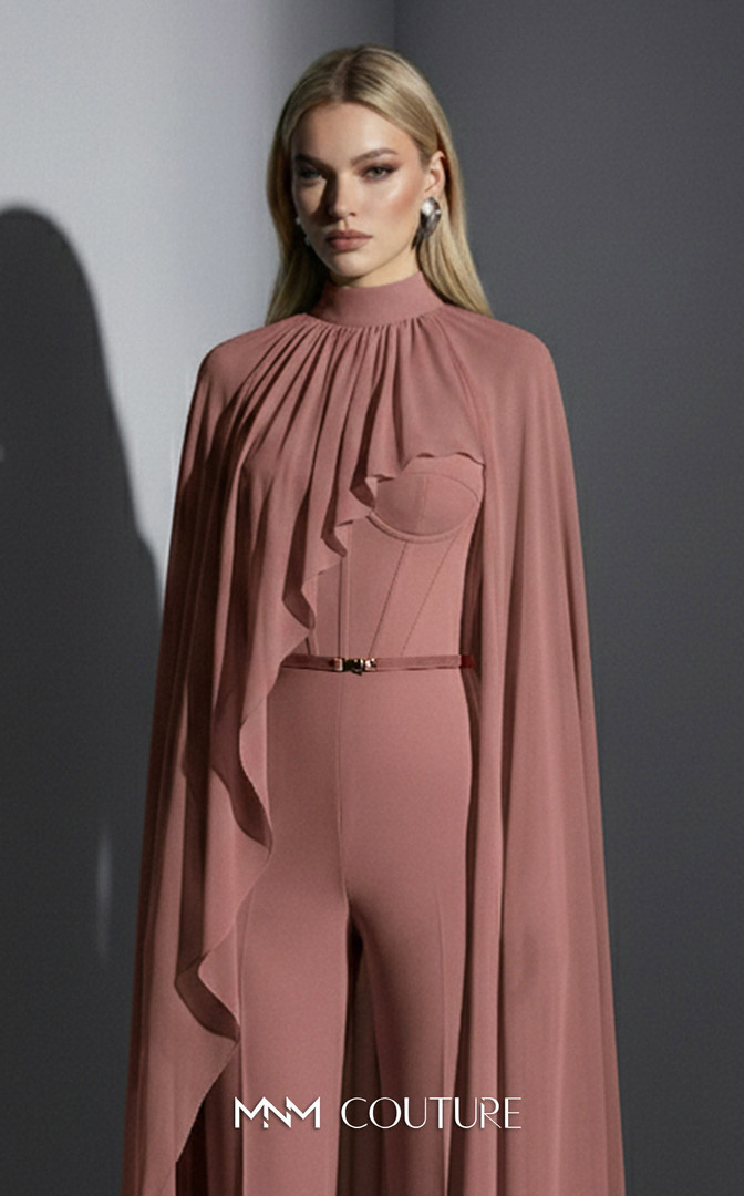 MNM Couture E0143 Chiffon High-neck Cape Sleeves Jumpsuit