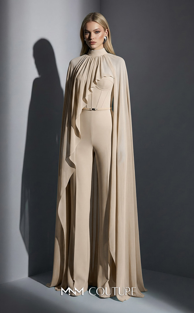MNM Couture E0143 Chiffon High-neck Cape Sleeves Jumpsuit