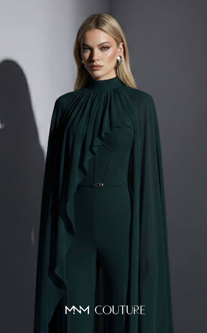 MNM Couture E0143 Chiffon High-neck Cape Sleeves Jumpsuit