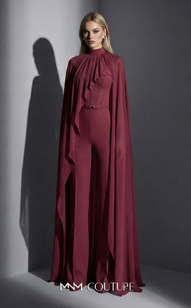 MNM Couture E0143 Chiffon High-neck Cape Sleeves Jumpsuit