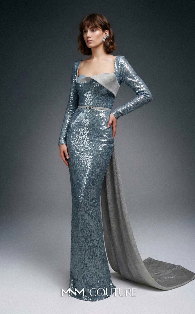 MNM Couture E0157 Sequin Asymmetrical Neck Long-Sleeve Gown