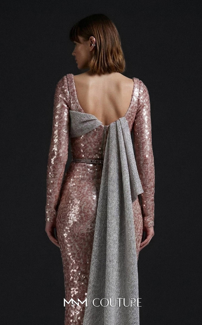 MNM Couture E0157 Sequin Asymmetrical Neck Long-Sleeve Gown