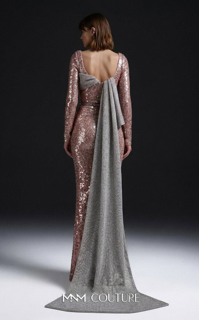 MNM Couture E0157 Sequin Asymmetrical Neck Long-Sleeve Gown