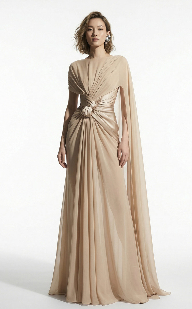 MNM Couture E0160 High Bateau Neck Draped Sleeve Long Gown