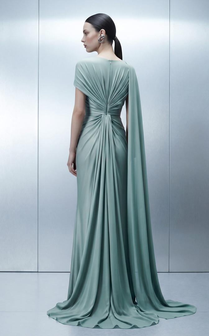 MNM Couture E0160 High Bateau Neck Draped Sleeve Long Gown