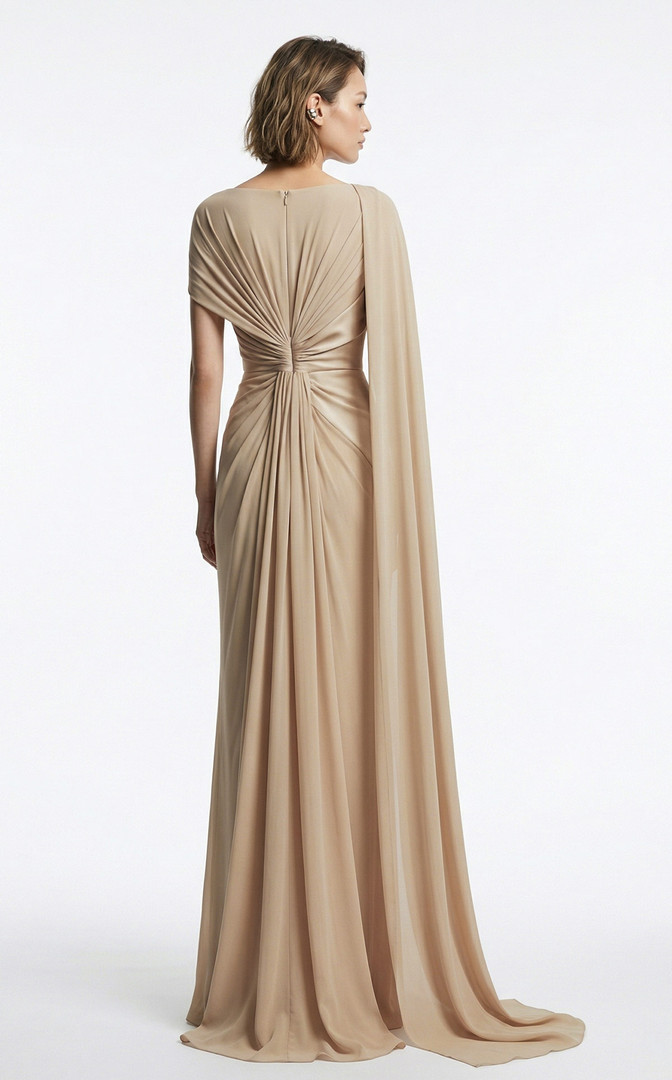 MNM Couture E0160 High Bateau Neck Draped Sleeve Long Gown