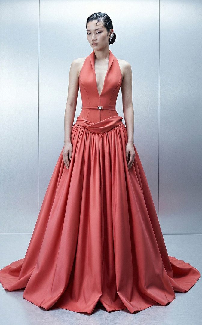 MNM Couture E0163 Crepe Taffeta Halter Deep V-neck Ball Gown