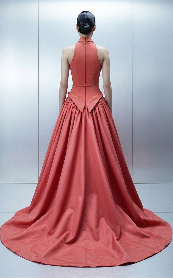 MNM Couture E0163 Crepe Taffeta Halter Deep V-neck Ball Gown