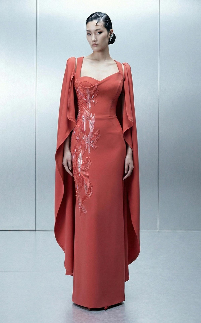 MNM Couture E0164 Crepe Asymmetrical Removable Cape Gown