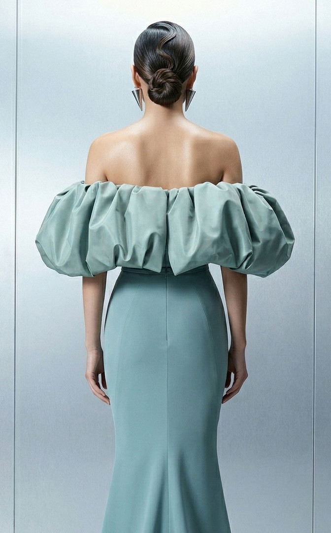 MNM Couture E0165 Bold Crepe Puffy Taffeta Sleeves Gown