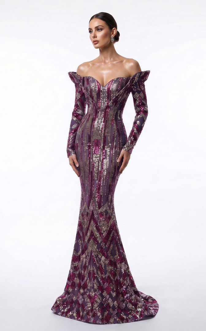 MNM Couture F02900A Sequined Off-shoulder Long-Sleeve Gown