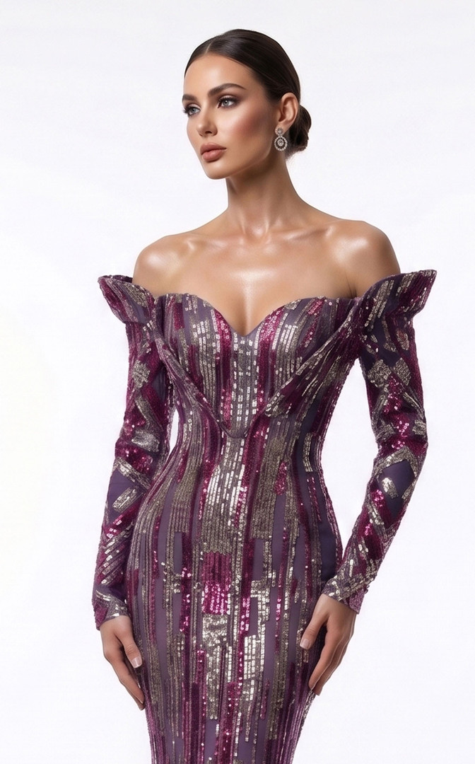 MNM Couture F02900A Sequined Off-shoulder Long-Sleeve Gown
