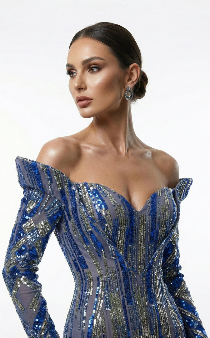 MNM Couture F02900A Sequined Off-shoulder Long-Sleeve Gown