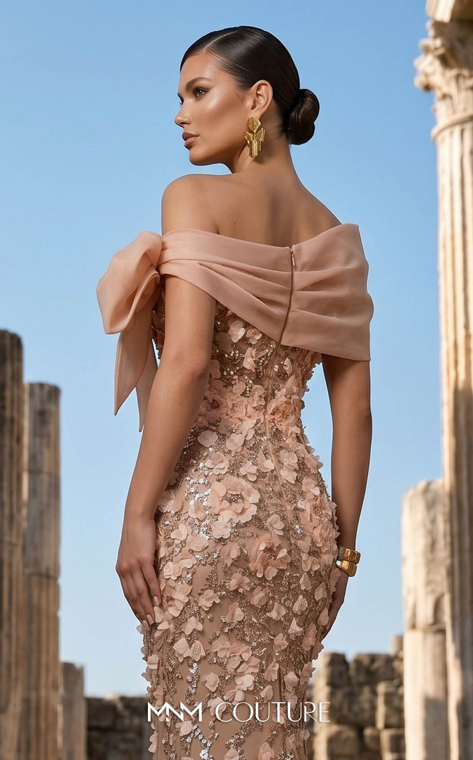 MNM Couture F02950A Sequins 3D Floral Off-shoulder Neck Gown