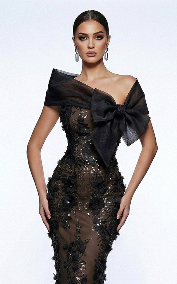 MNM Couture F02950A Sequins 3D Floral Off-shoulder Neck Gown