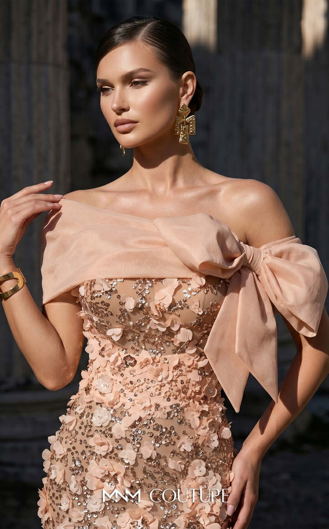 MNM Couture F02950A Sequins 3D Floral Off-shoulder Neck Gown