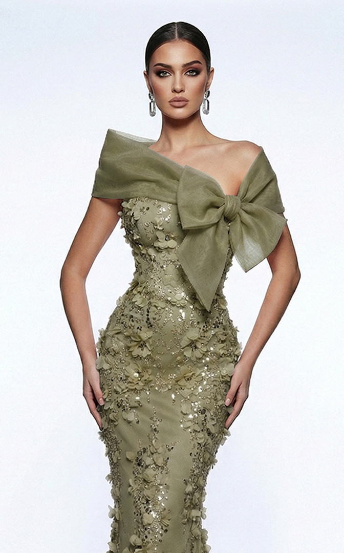 MNM Couture F02950A Sequins 3D Floral Off-shoulder Neck Gown