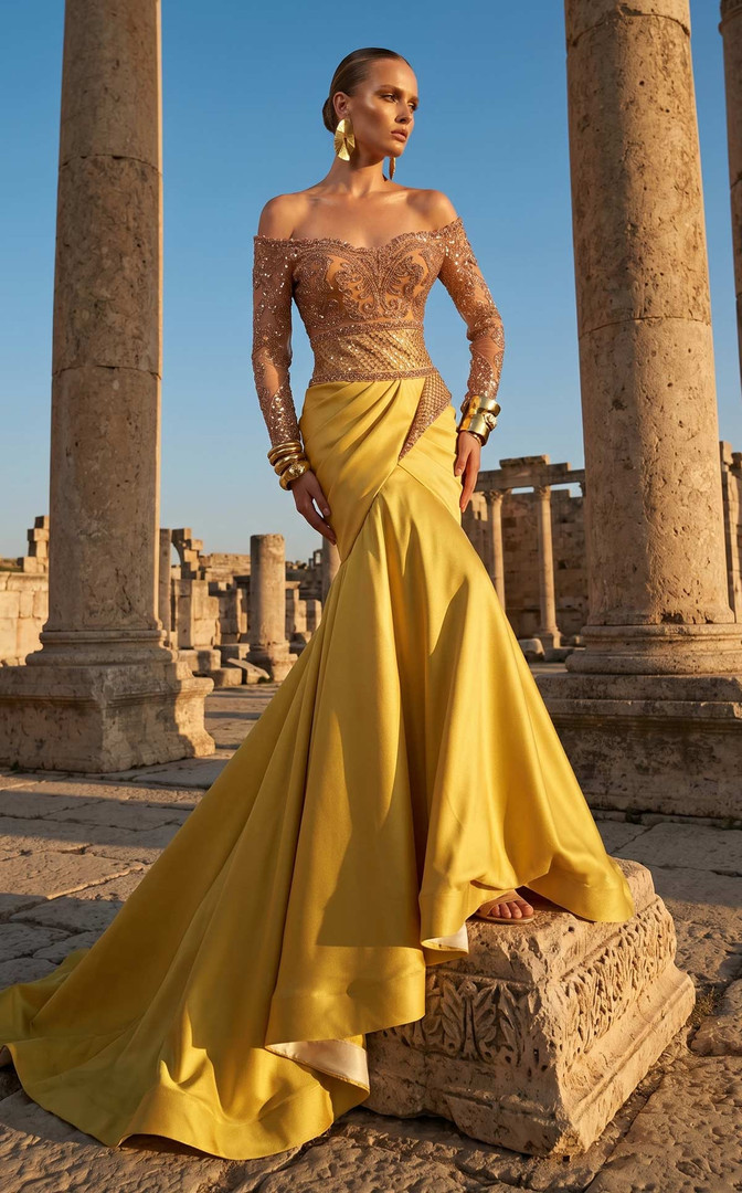MNM Couture F02957 Beaded Off-shoulder Long-Sleeve Gown