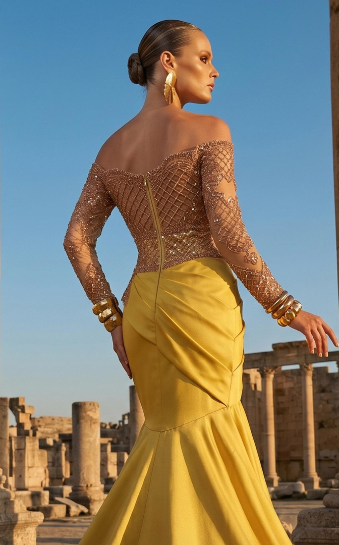 MNM Couture F02957 Beaded Off-shoulder Long-Sleeve Gown