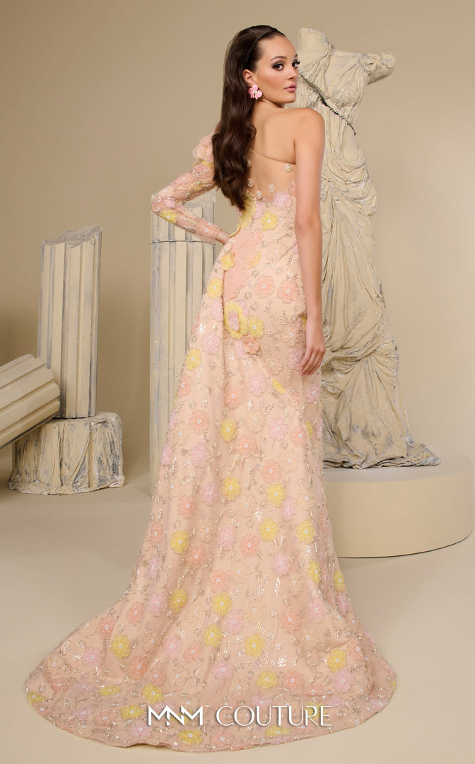MNM Couture F02966 Embroidery Tulle One-Shoulder Sleeve Gown
