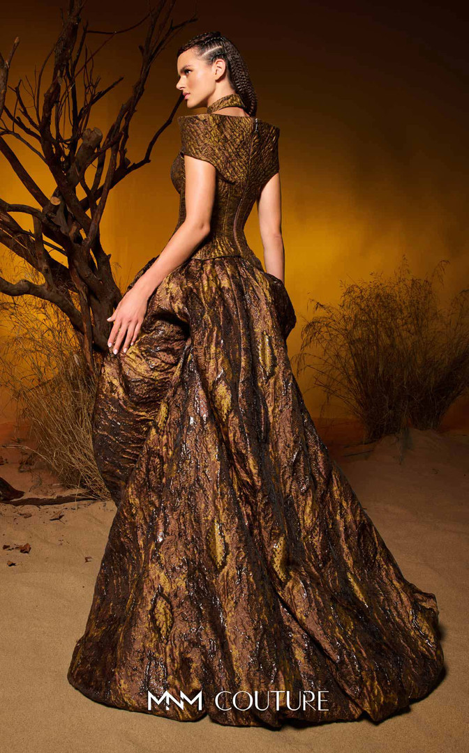 MNM Couture F02971 Metallic Jacquard V-neckline Choker Gown