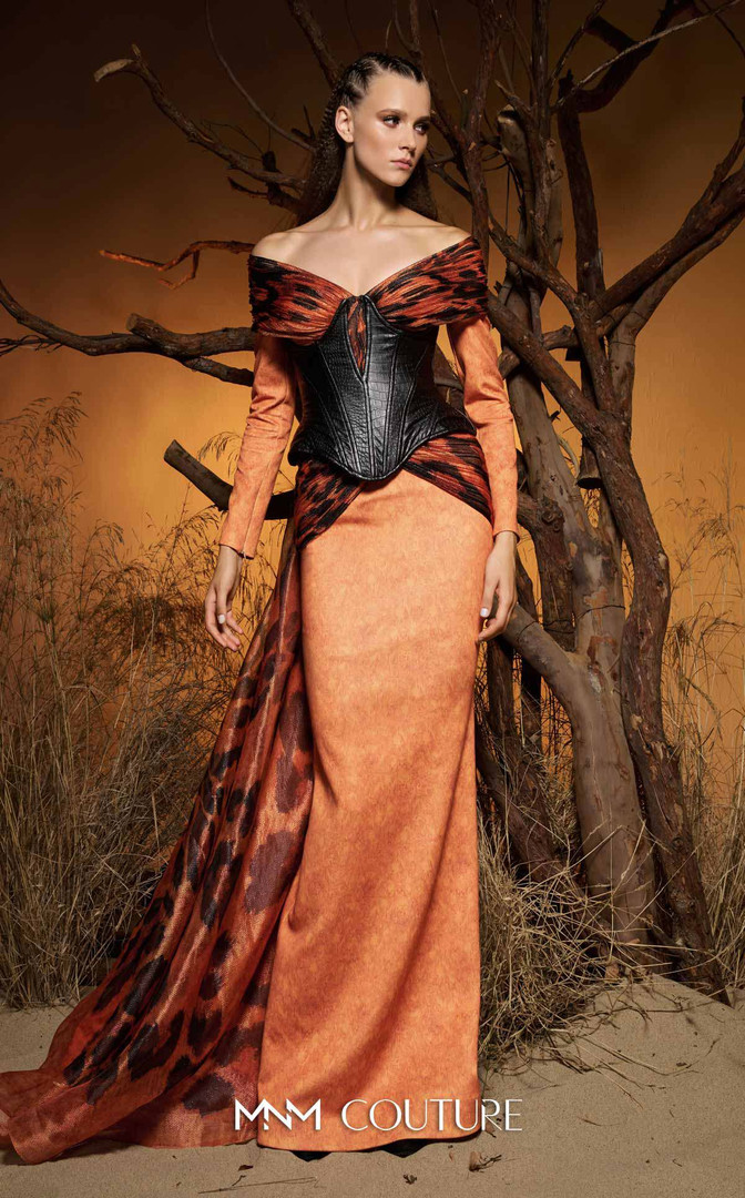 MNM Couture F02972 Faux-Leather Chiffon Animal Print Gown