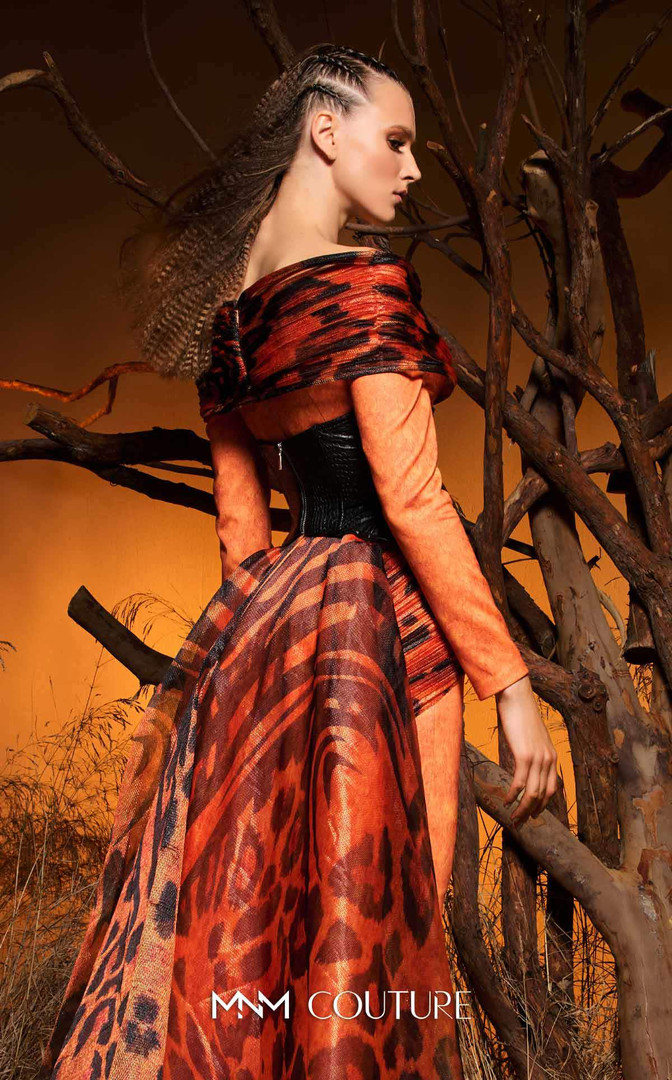 MNM Couture F02972 Faux-Leather Chiffon Animal Print Gown