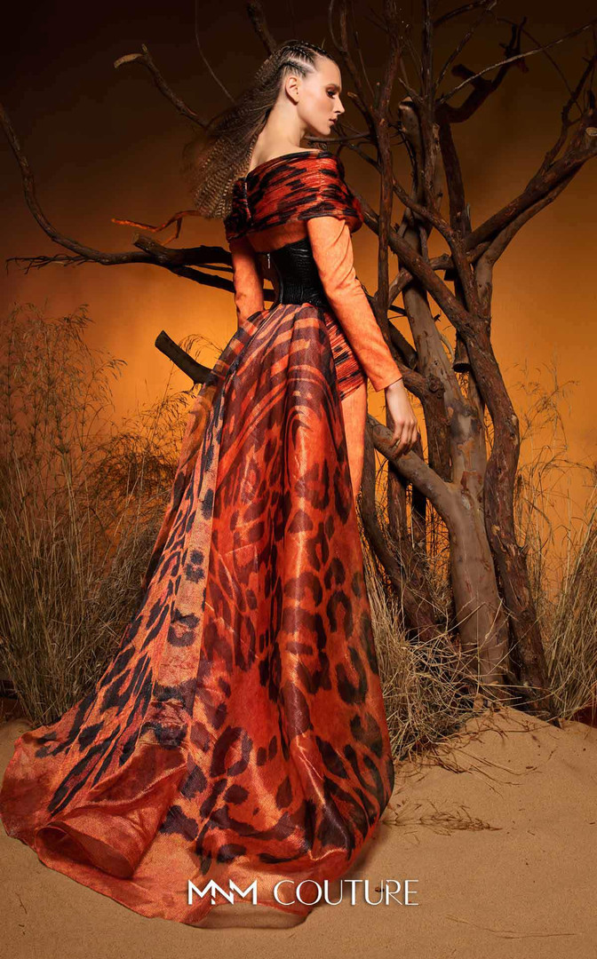 MNM Couture F02972 Faux-Leather Chiffon Animal Print Gown