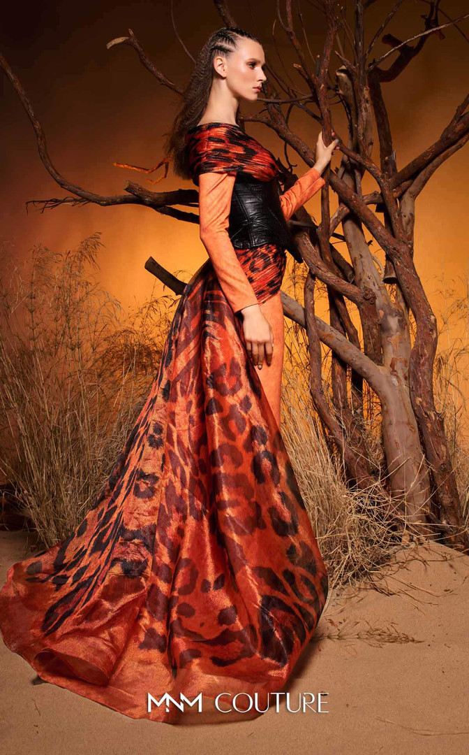 MNM Couture F02972 Faux-Leather Chiffon Animal Print Gown