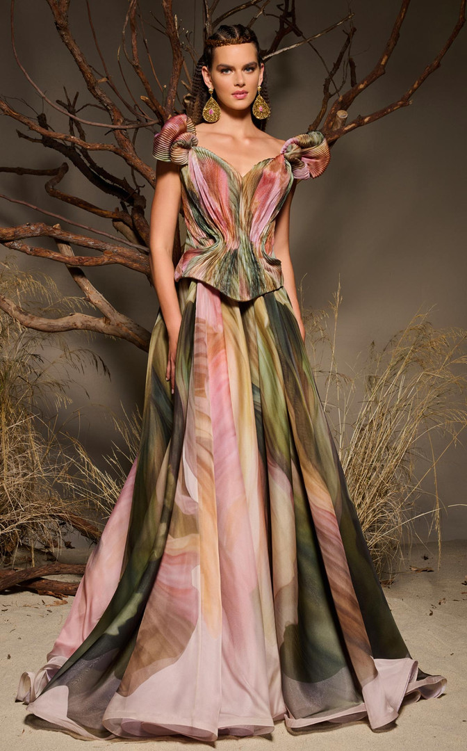 MNM Couture F02981 Chiffon Pleated Peplum Printed Long Gown