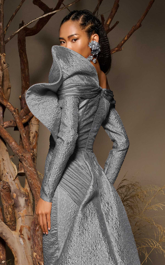 MNM Couture F02982 Textured Jacquard Long-Sleeve Long Gown