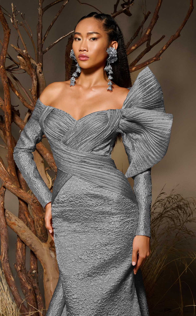 MNM Couture F02982 Textured Jacquard Long-Sleeve Long Gown
