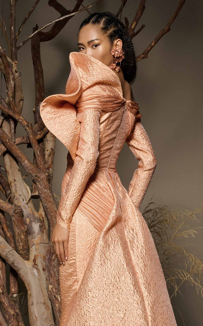 MNM Couture F02982 Textured Jacquard Long-Sleeve Long Gown