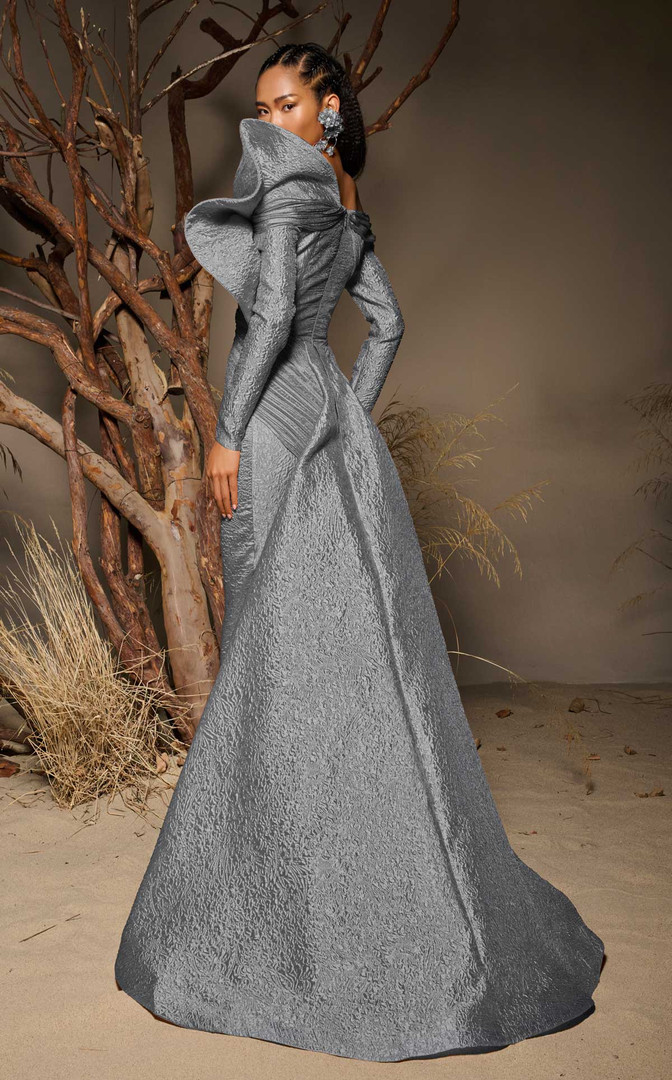 MNM Couture F02982 Textured Jacquard Long-Sleeve Long Gown