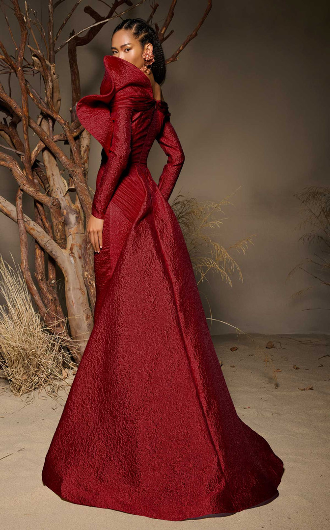 MNM Couture F02982 Textured Jacquard Long-Sleeve Long Gown