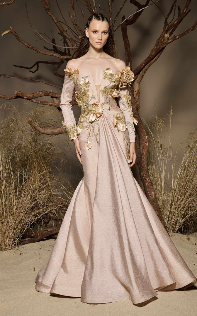 MNM Couture F02986 Beaded 3D Floral Long-Sleeve Long Gown