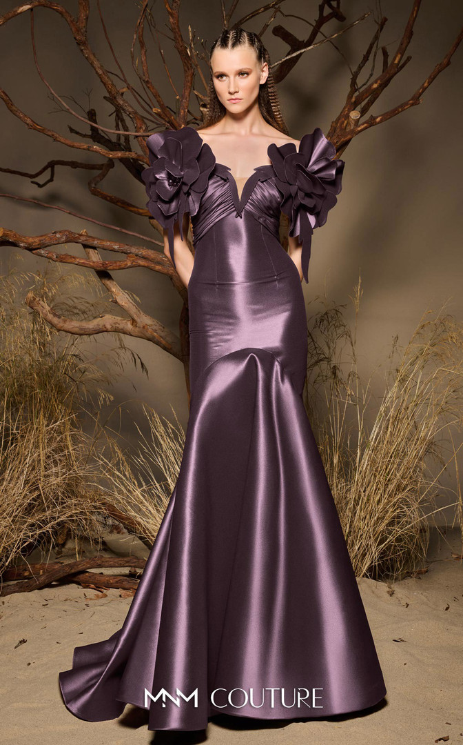 MNM Couture F02993 Metallic Satin Off-shoulder Straps Gown