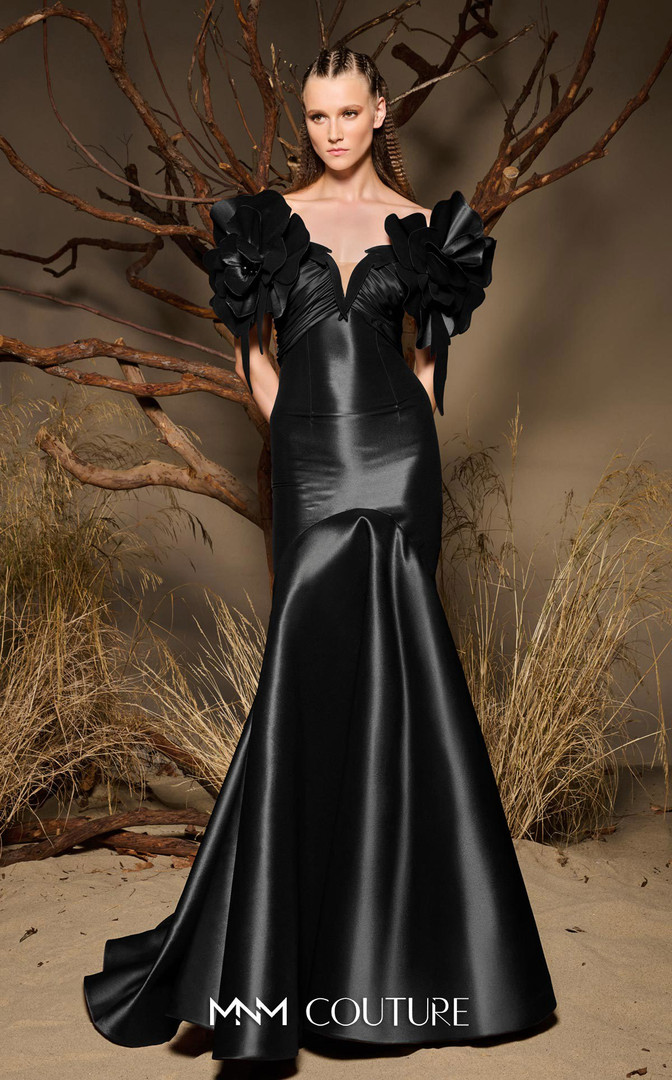 MNM Couture F02993 Metallic Satin Off-shoulder Straps Gown