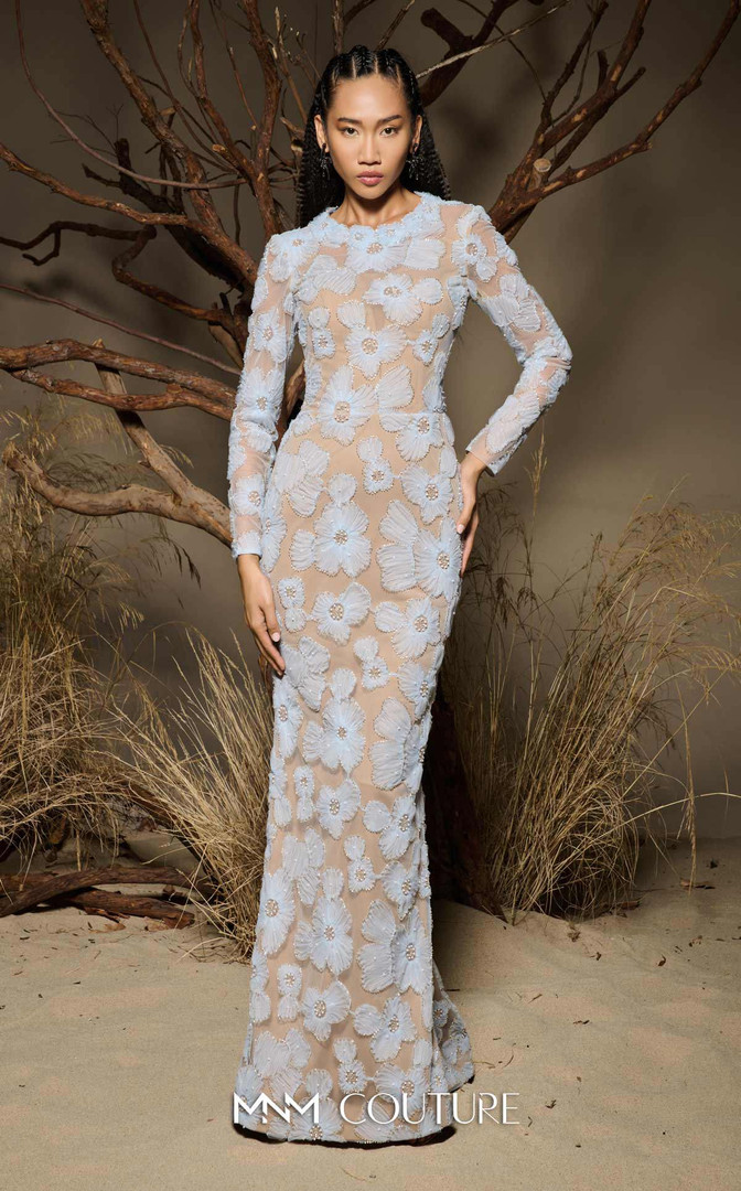 MNM Couture F02997 Sheer Tulle Flower Long-Sleeve Long Gown