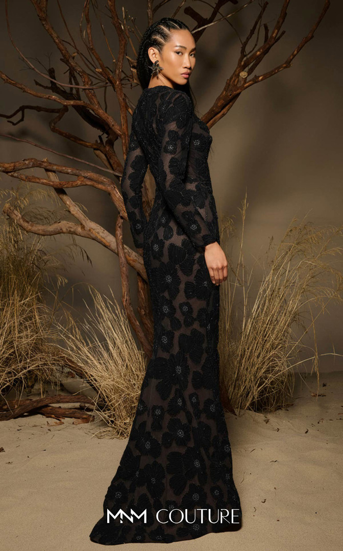 MNM Couture F02997 Sheer Tulle Flower Long-Sleeve Long Gown