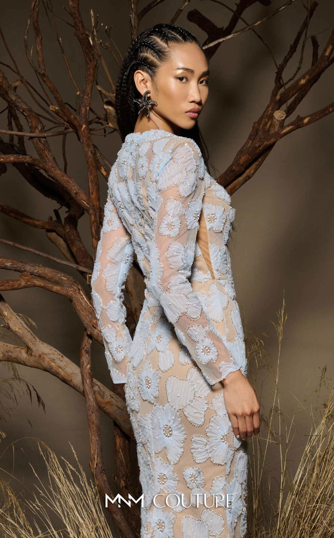 MNM Couture F02997 Sheer Tulle Flower Long-Sleeve Long Gown