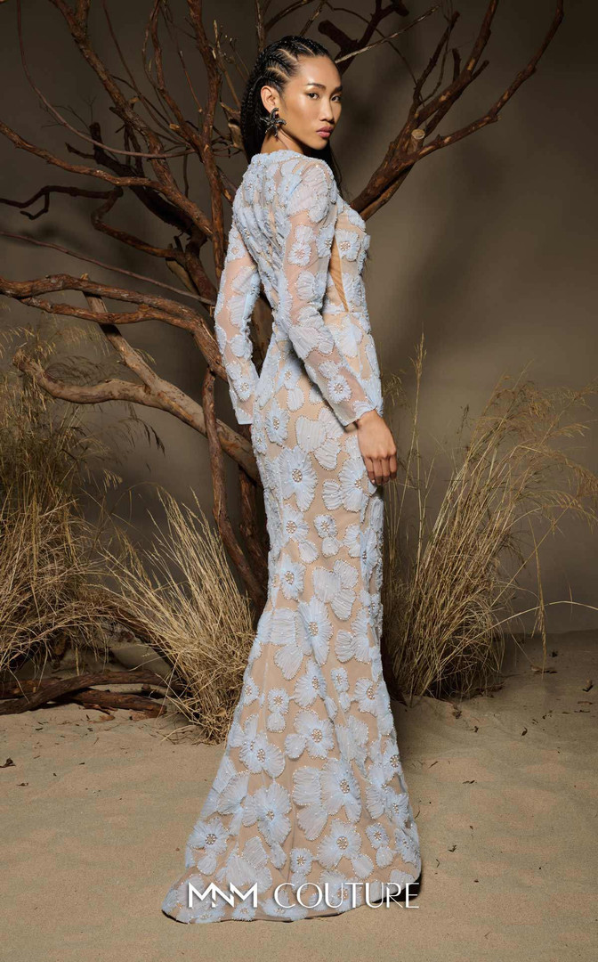 MNM Couture F02997 Sheer Tulle Flower Long-Sleeve Long Gown