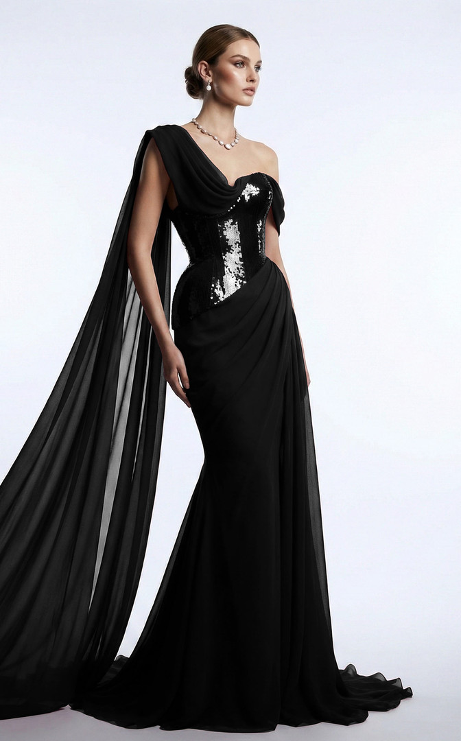 MNM Couture F03017 Sequined Asymmetrical One-shoulder Gown