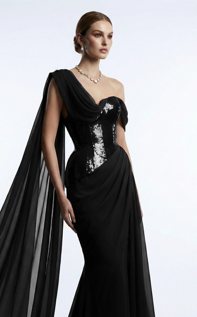 MNM Couture F03017 Sequined Asymmetrical One-shoulder Gown