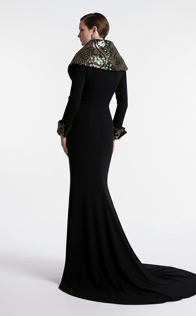 MNM Couture F03019 Crepe Plunging V-neck Long Sleeves Gown