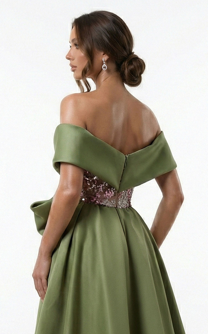 MNM Couture F03024 Satin Double Overskirt Off-shoulder Gown